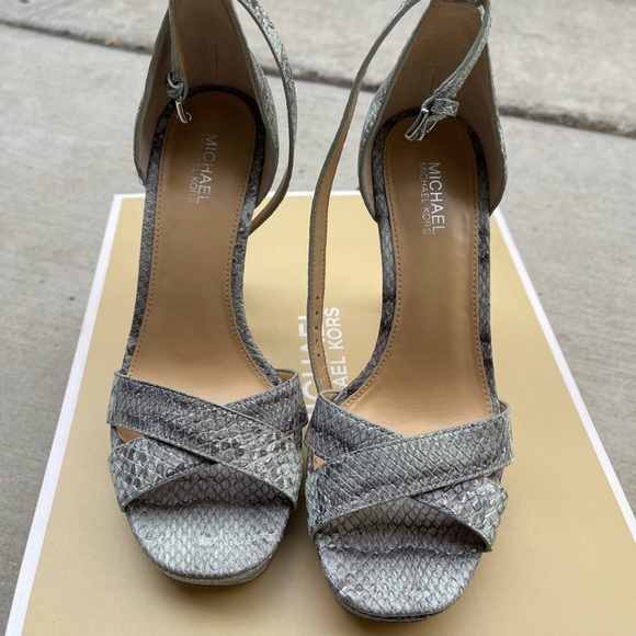 Michael Kors Divia Ankle Strap Embossed Leather Heels - Picture 2 of 6